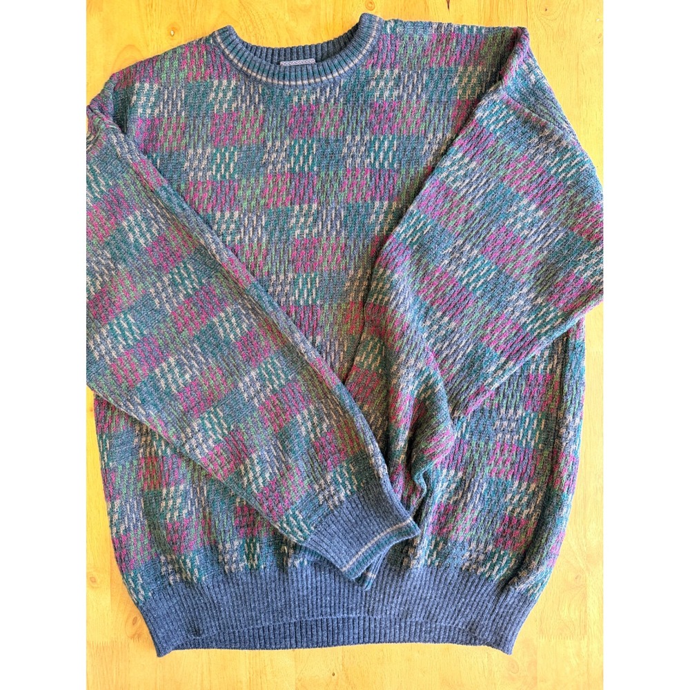 Vintage 90s Multi Color Geometric Knit Crewneck Sweater Mens L 670